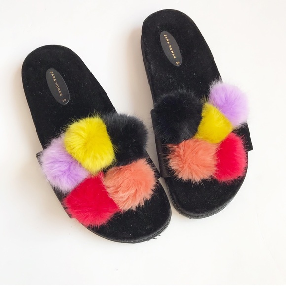 Zara Shoes - Zara colorful pom pom slide size 39
